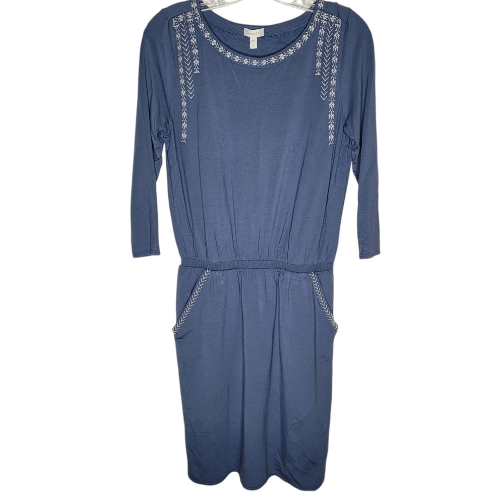 Garnet Hill Womens XS Shift Dress Long Sleeve Elastic Waist Embroidered Blue